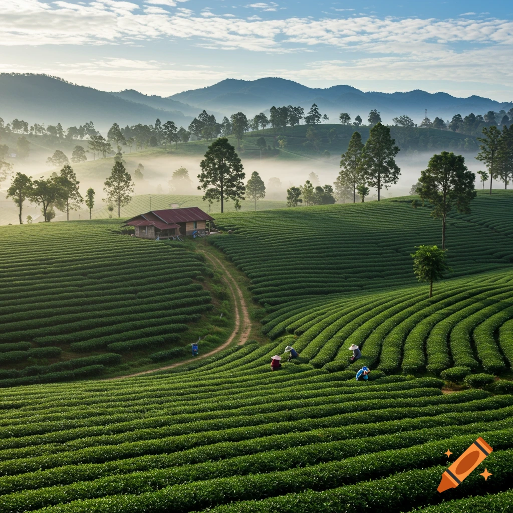 Photorealistic image of a tea plantation on rolling hills with workers, a house, and morning mist.