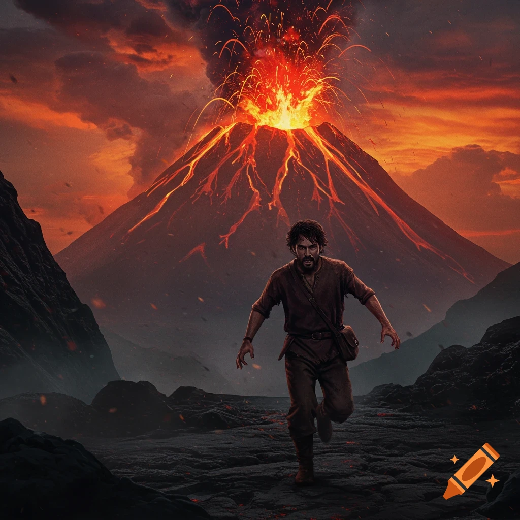 A man runs from an erupting volcano in a volcanic landscape.