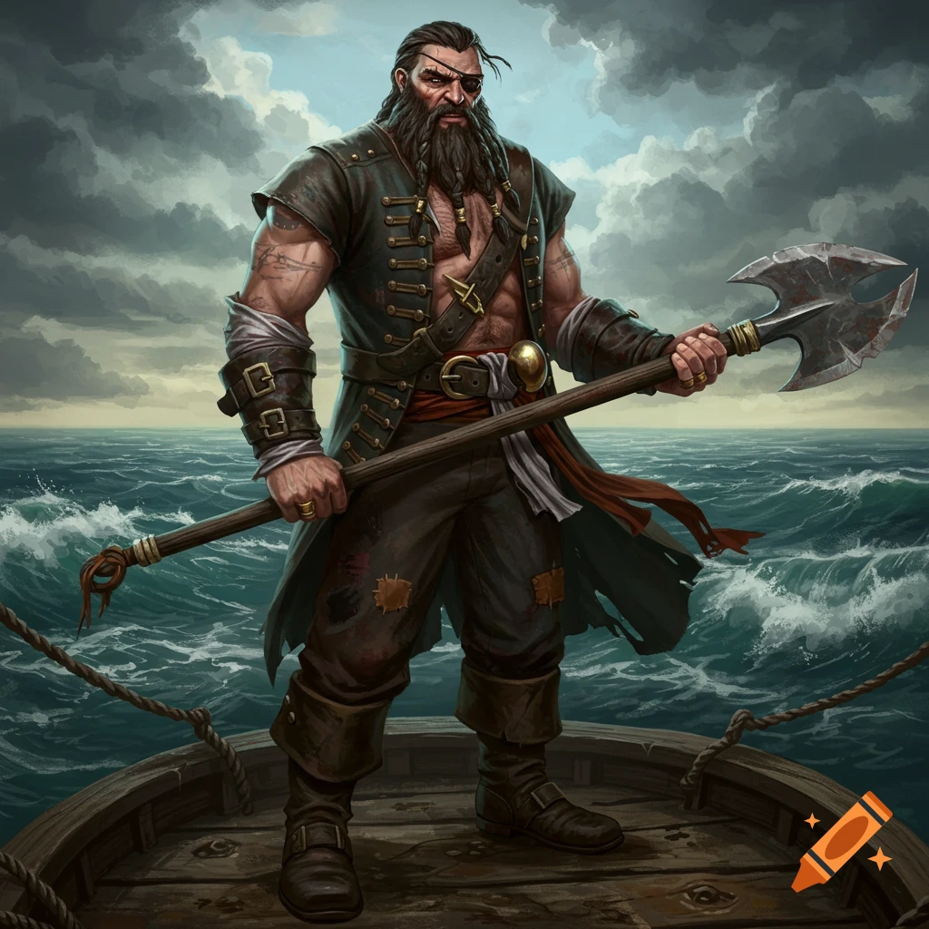 A muscular pirate with eyepatch and axe on a ship at sea.