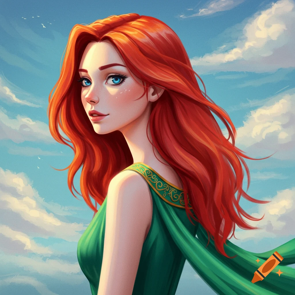 A red-haired woman with blue eyes wearing a green dress against a cloudy sky.