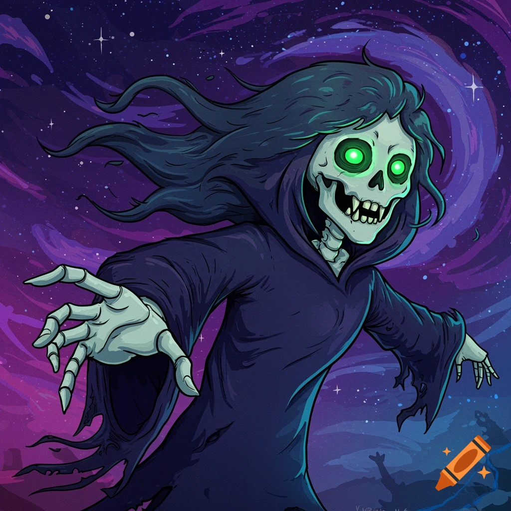 Cartoon drawing of a skeletal figure in a dark robe with glowing green eyes reaching forward, set against a purple starry sky.