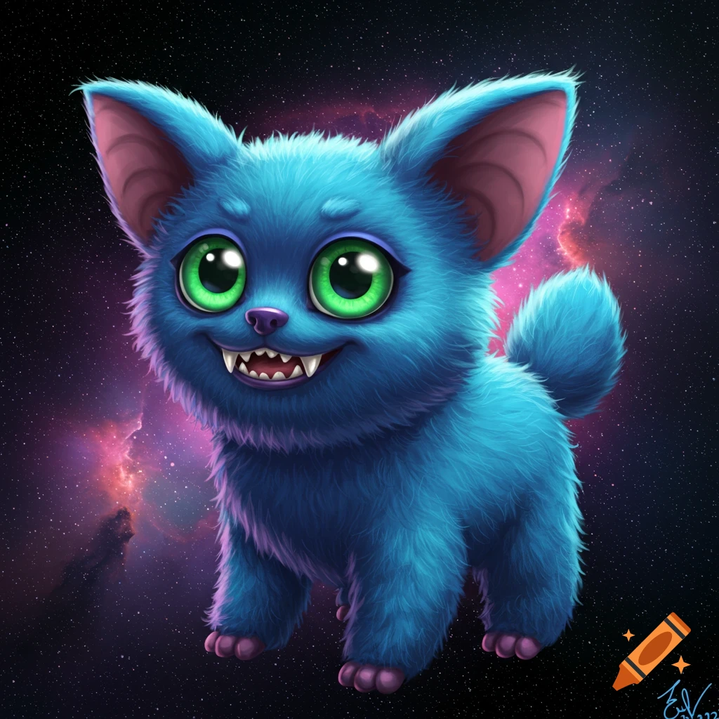 A blue furry creature with big green eyes and fangs is shown against a starry space background.
