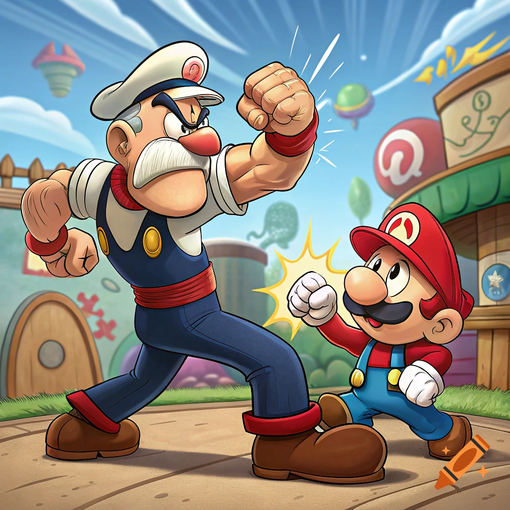 Cartoon style illustration of Popeye punching Mario.