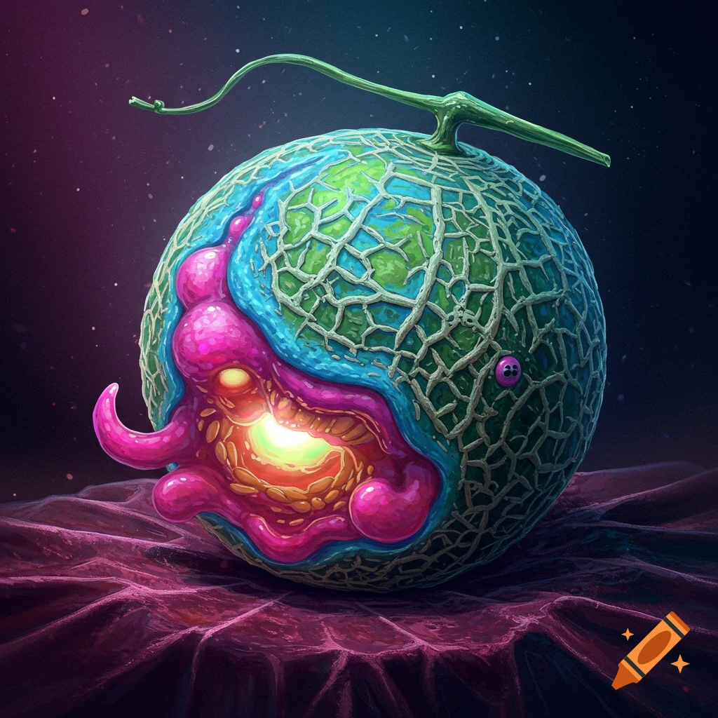 A strange, monstrous melon with pink tentacles and a glowing mouth, in a dark space setting.