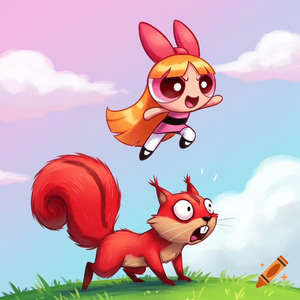 Blossom from Powerpuff Girls jumps over a startled red squirrel on grass under a cloudy sky.