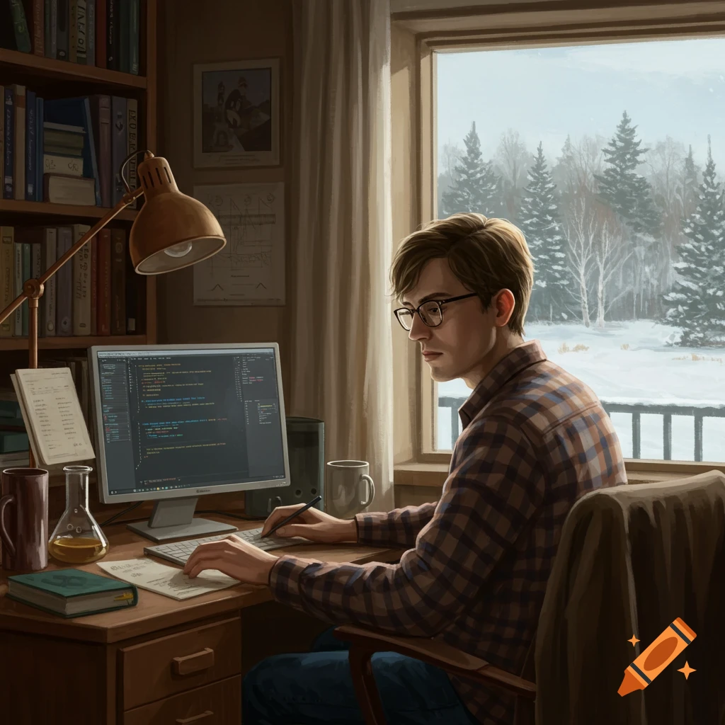 A man coding at a desk with a snowy view.