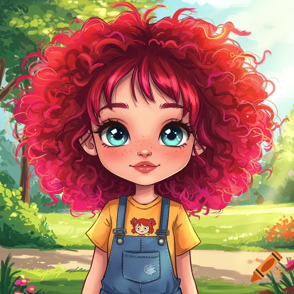 Cartoon illustration of a girl with red curly hair and overalls in a park.