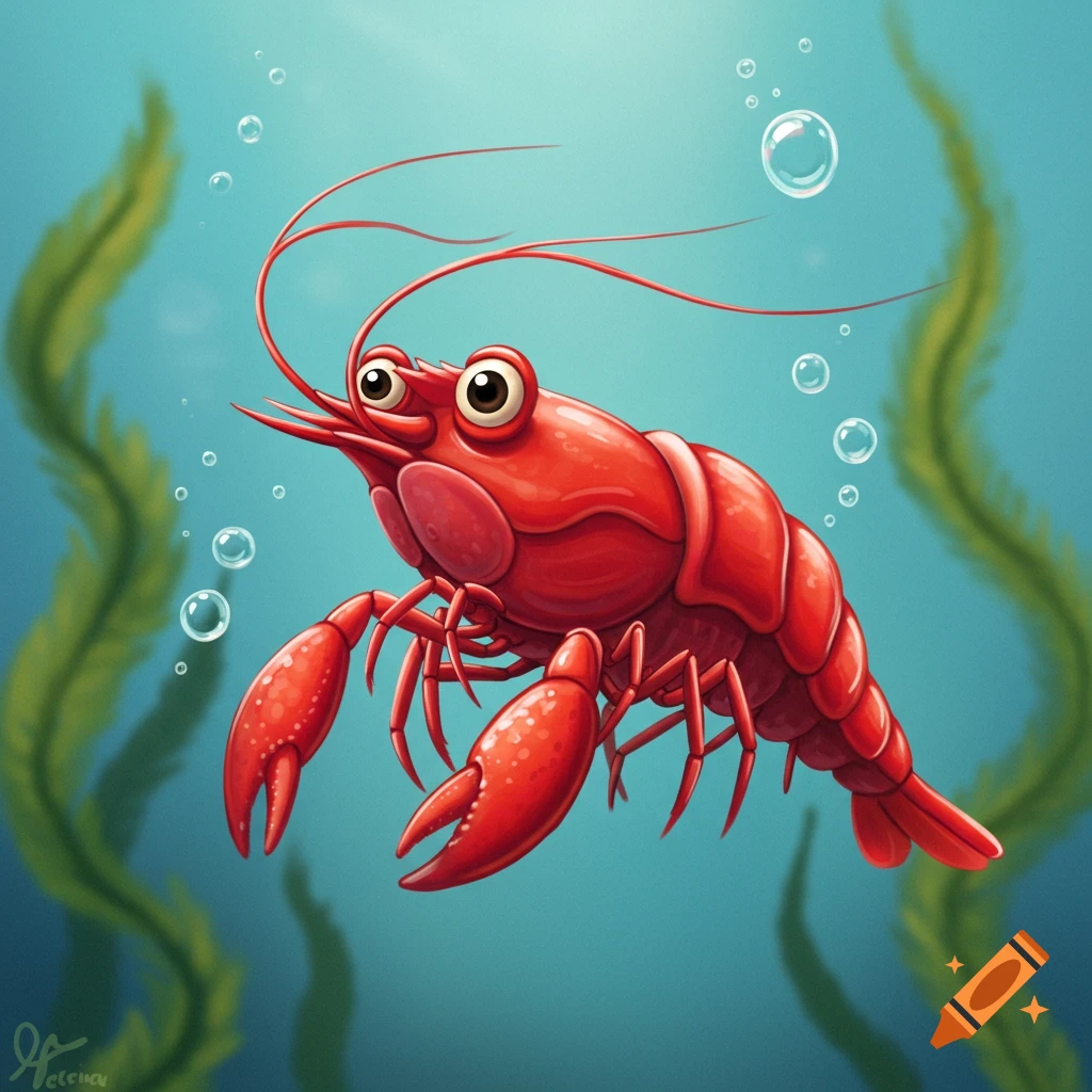 A cartoon red shrimp swims underwater with bubbles and seaweed.