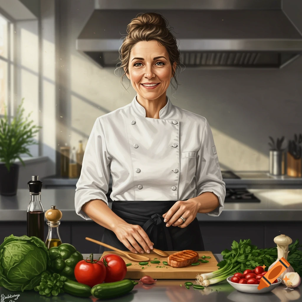 A smiling female chef in a kitchen with vegetables.