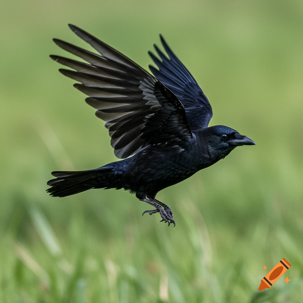 A black bird with outstretched wings flies low over green grass.