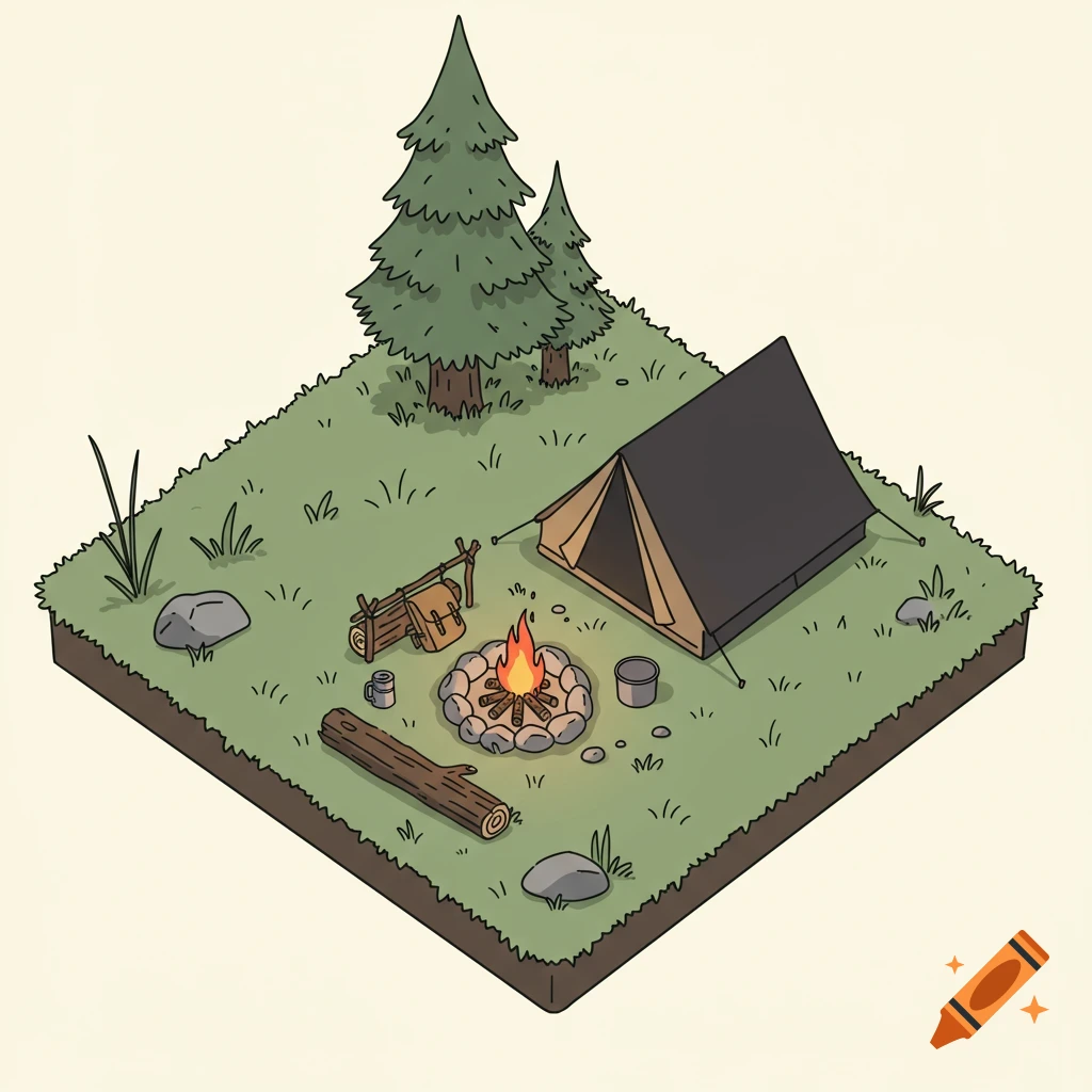 Overhead drawing of a simple campsite with a tent, campfire, trees, and backpack.