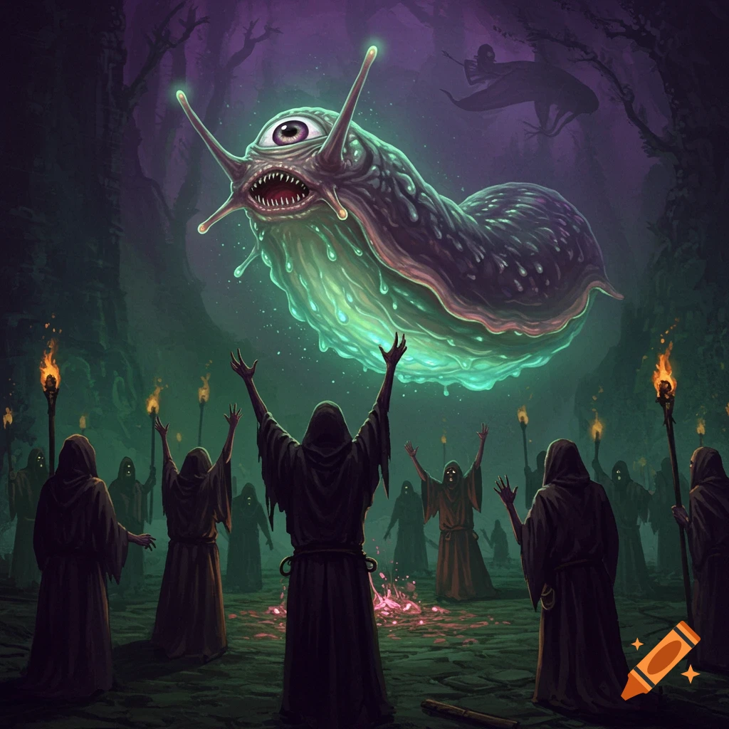 Cultists worshiping a large, floating one-eyed slug in a dark forest.
