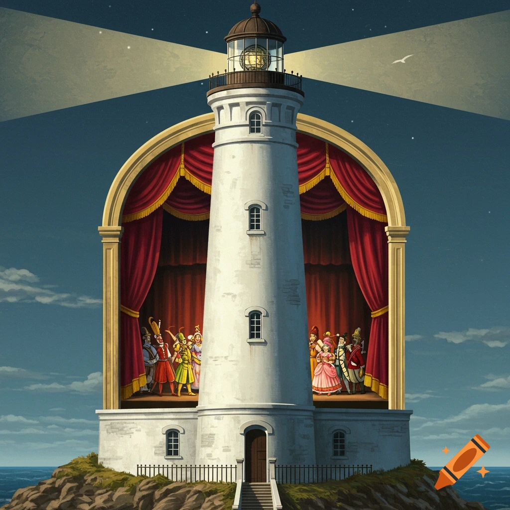 A lighthouse containing a theatre stage with costumed performers is on a rocky island.