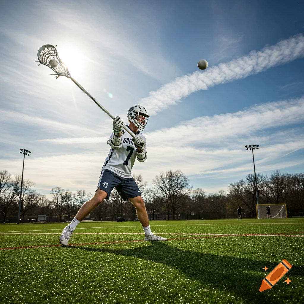 A lacrosse player shoots a ball on a sunny field.