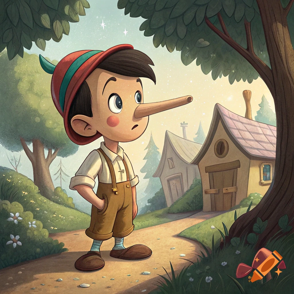 Illustration of Pinocchio standing on a path in a forest.