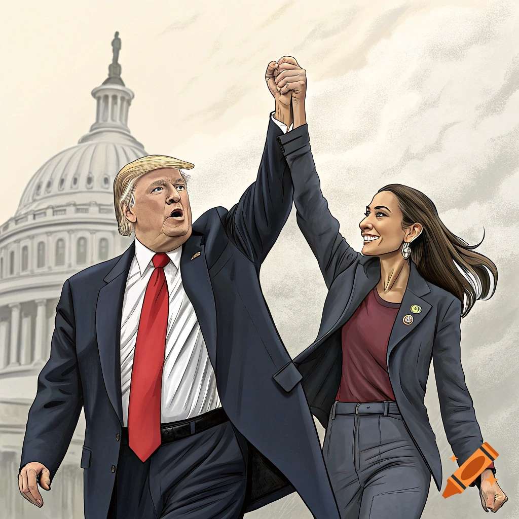 Illustration of Donald Trump and Alexandria Ocasio-Cortez holding hands in the air in front of the US Capitol building.