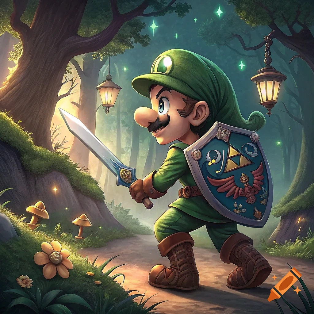 Cartoon-like character resembling Mario dressed as Link, holding a sword and shield, walks through a sunlit fantasy forest.
