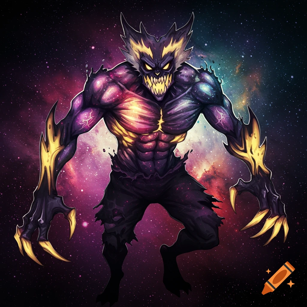 A monstrous figure with glowing eyes and sharp claws against a cosmic background.