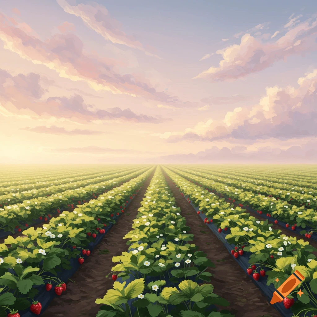 A vast strawberry field at sunset.