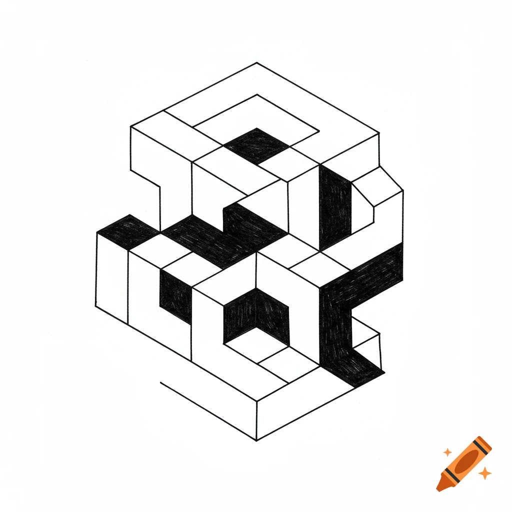 Black and white line drawing of interlocking abstract geometric shapes.
