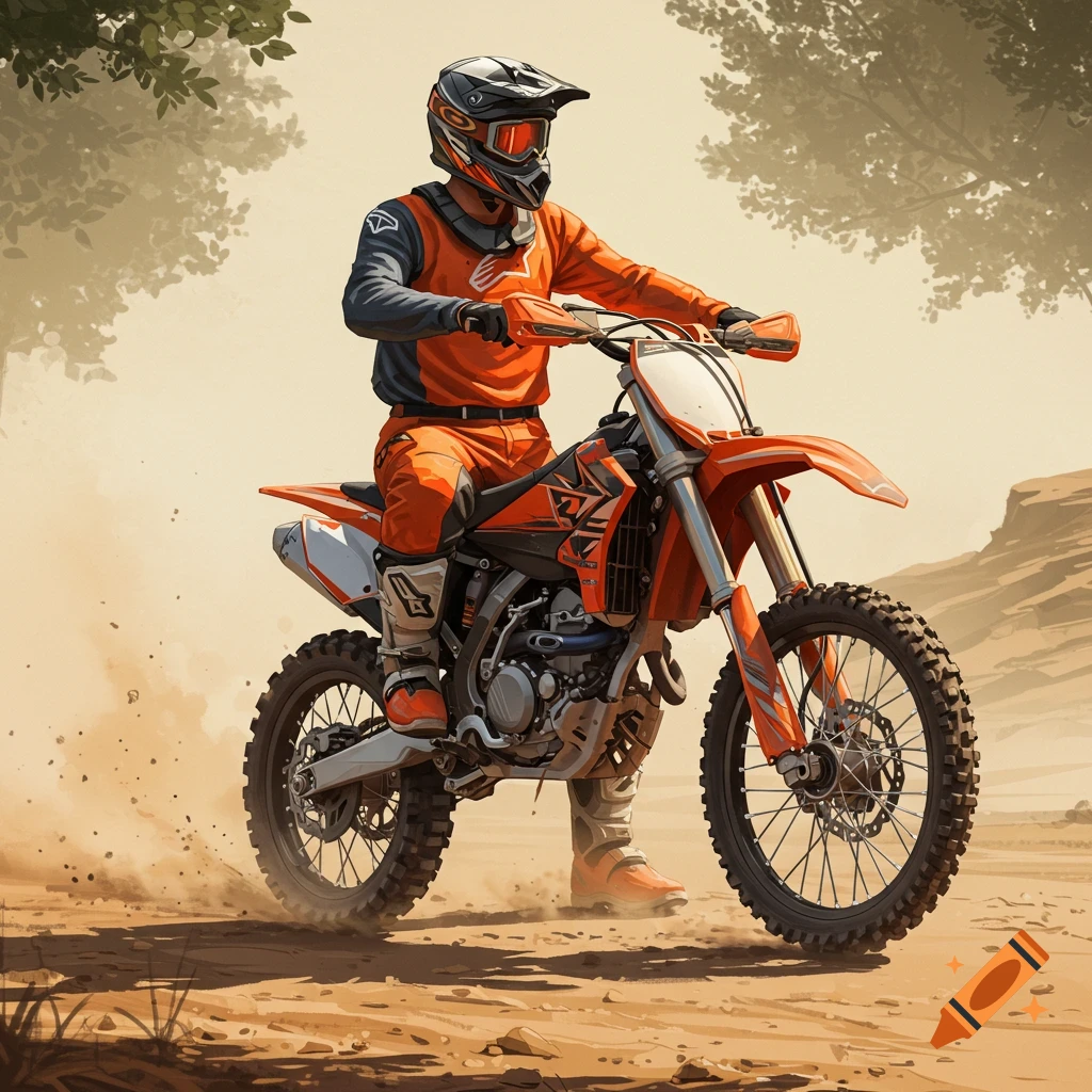 A dirt bike rider on a track is kicking up dust.