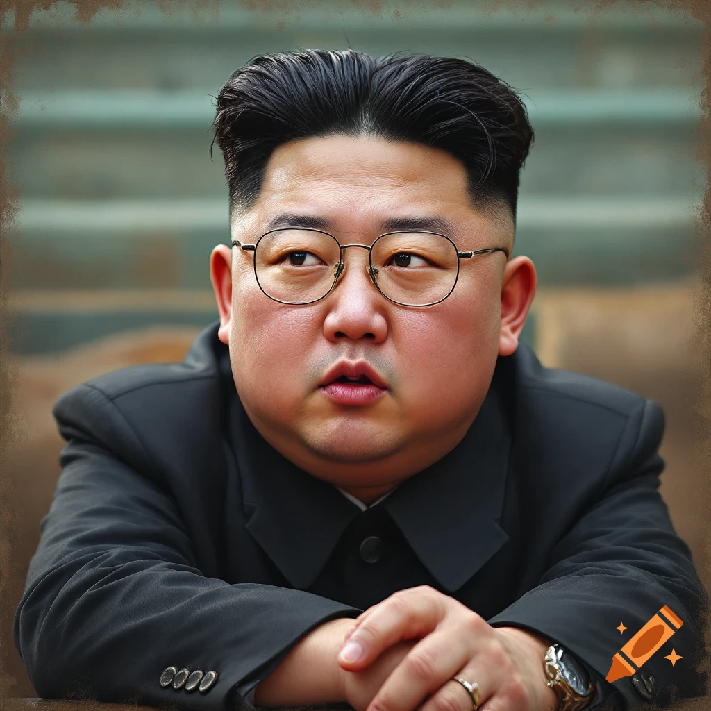 Photorealistic portrait of a man resembling Kim Jong Un in a black suit and glasses.