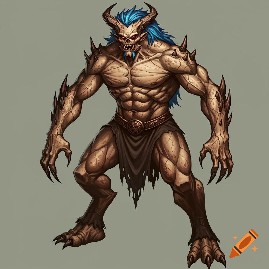 A muscular monster with cracked skin, red eyes, spiky horns, blue hair, long fangs and claws, and a loincloth.