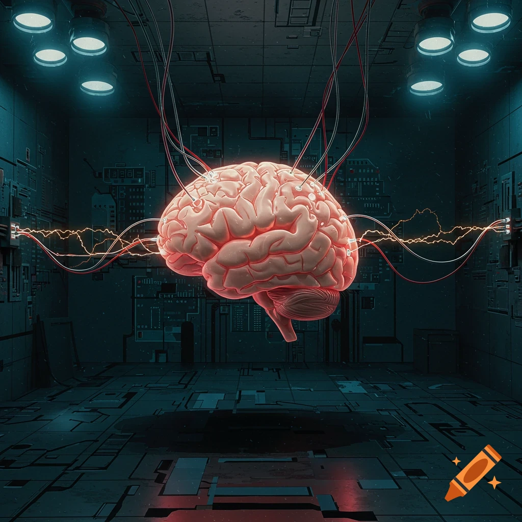 A brain connected by wires is suspended in a dark, futuristic room with electrical arcs.