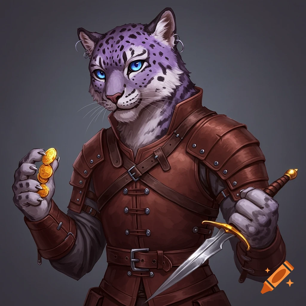 A snow leopard tabaxi character in leather armor holding gold coins and a dagger.