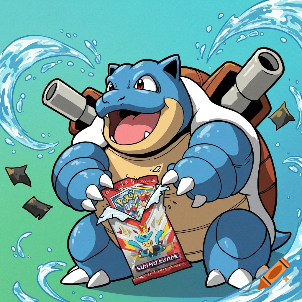 Blastoise rips open a Pokemon card pack.
