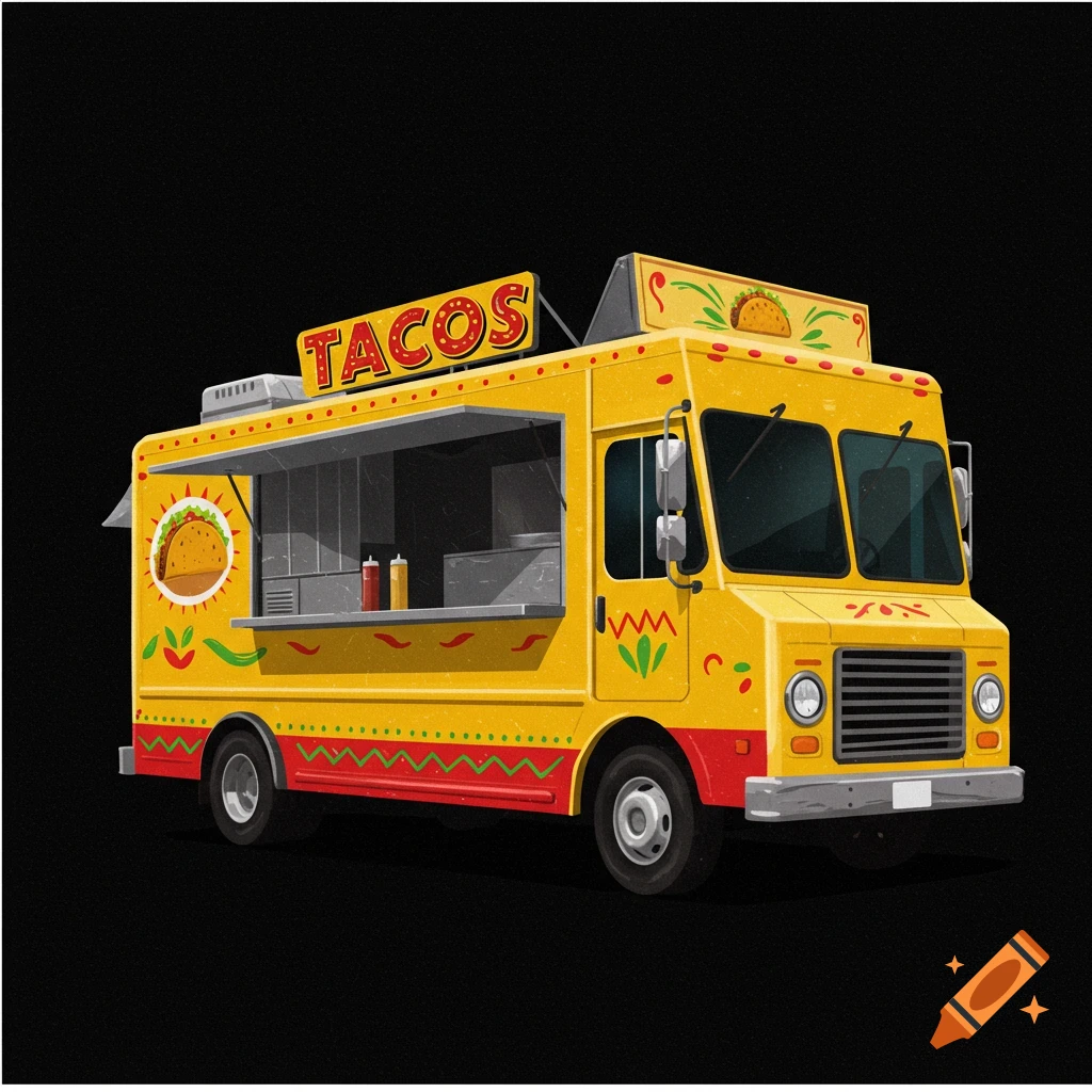 A yellow and red taco food truck illustration on a black background