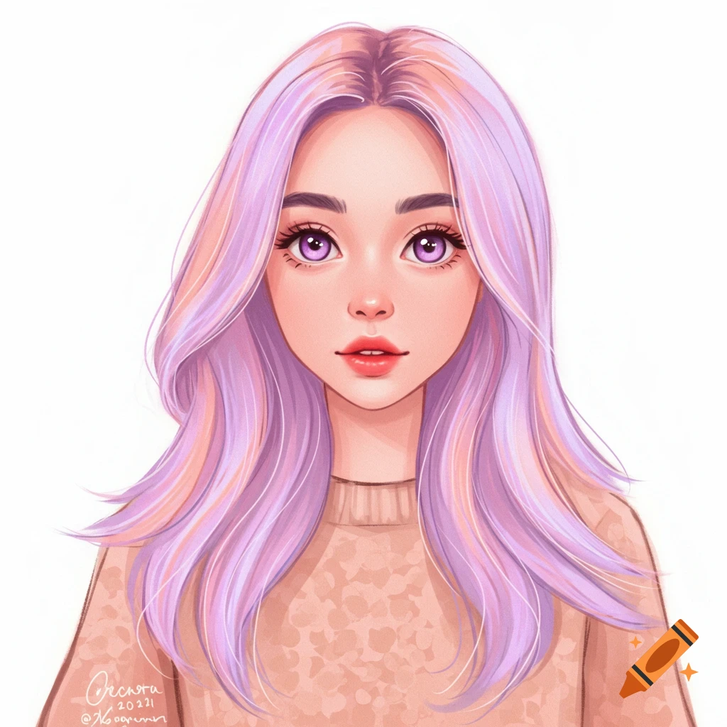 Digital portrait of a girl with pastel hair and large eyes wearing a sweater