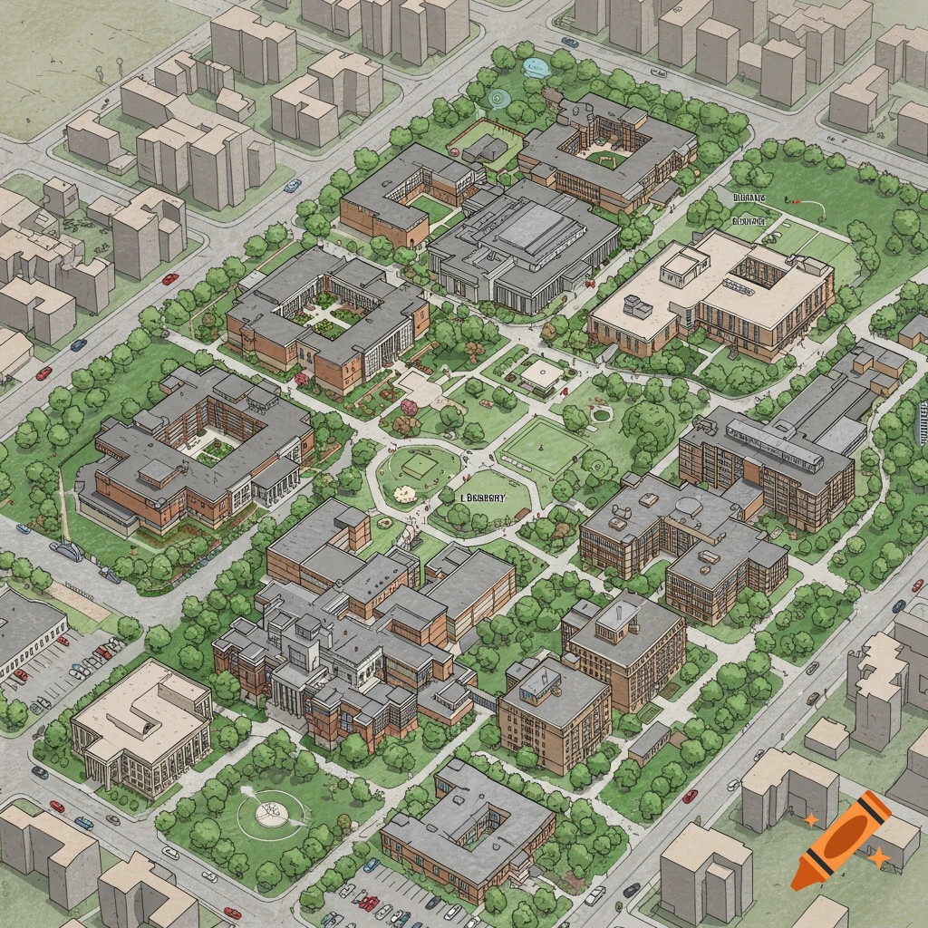 Isometric view of an urban college campus layout plan in a hand-drawn architectural style.