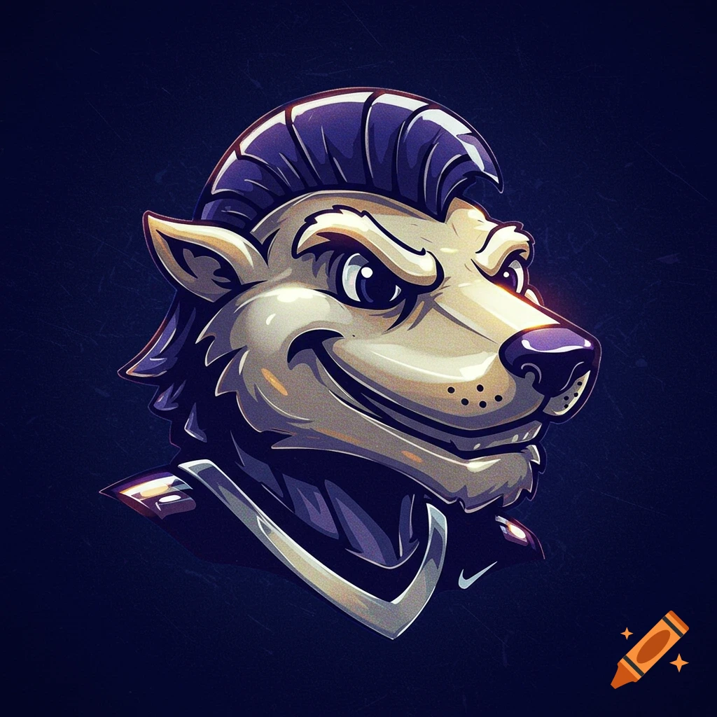 Stylized digital illustration of a wolf-like mascot with a purple pompadour and a smirk.
