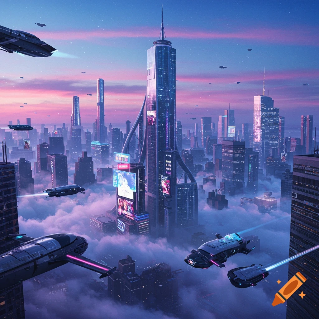 A panoramic view of a futuristic city with tall skyscrapers rising above clouds at sunset, with flying vehicles in the sky.