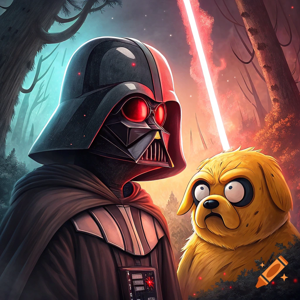 Darth Vader and Jake the Dog from Adventure Time stand in a forest with Vader holding a red lightsaber.