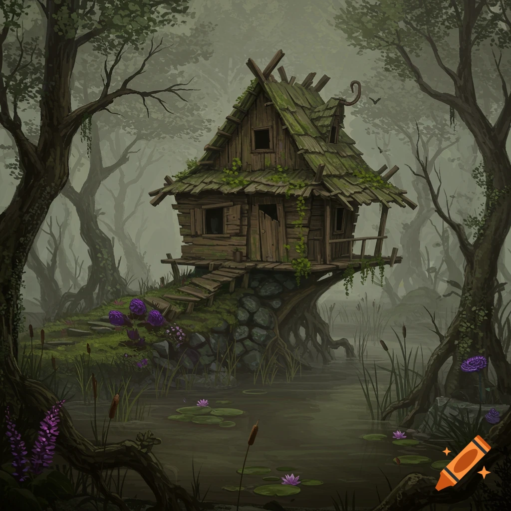 A wooden shack sits on a mound in a misty swamp, surrounded by trees and water plants.