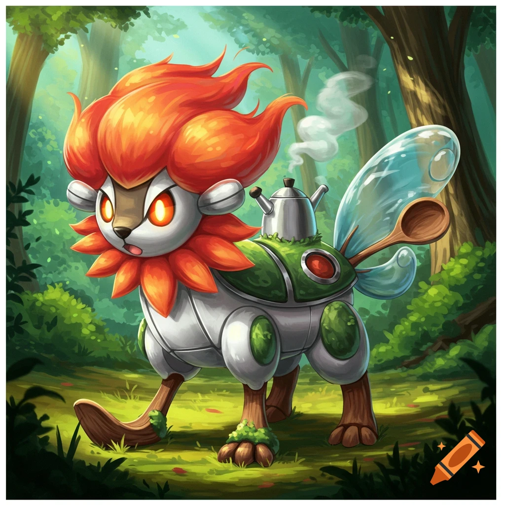 A creature with an orange mane, a teapot on its back, a water tail, and earthy feet in a forest.