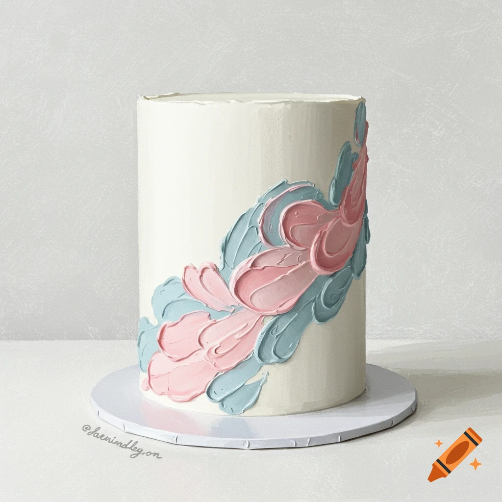 Single-tier white cake decorated with pink and blue buttercream frosting