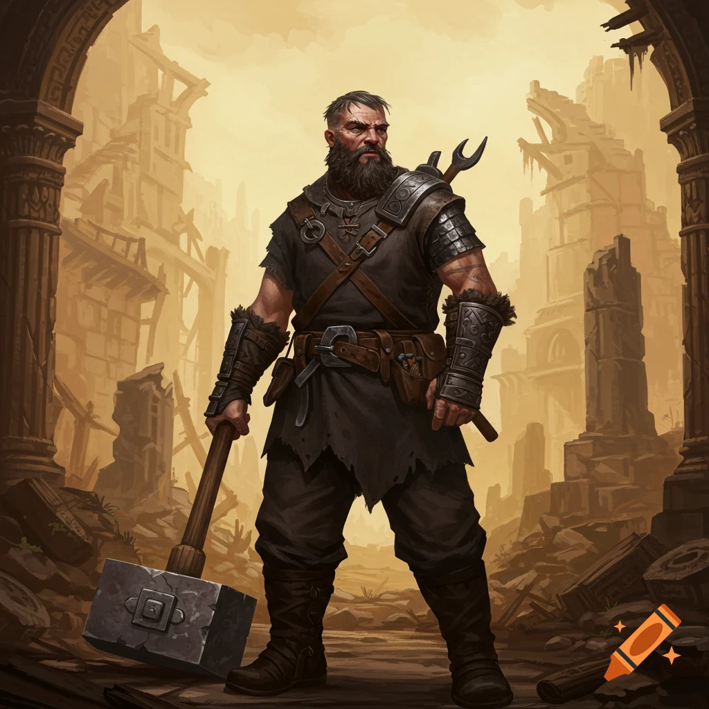 A bearded man in fantasy armor holds a large hammer while standing in ruins.