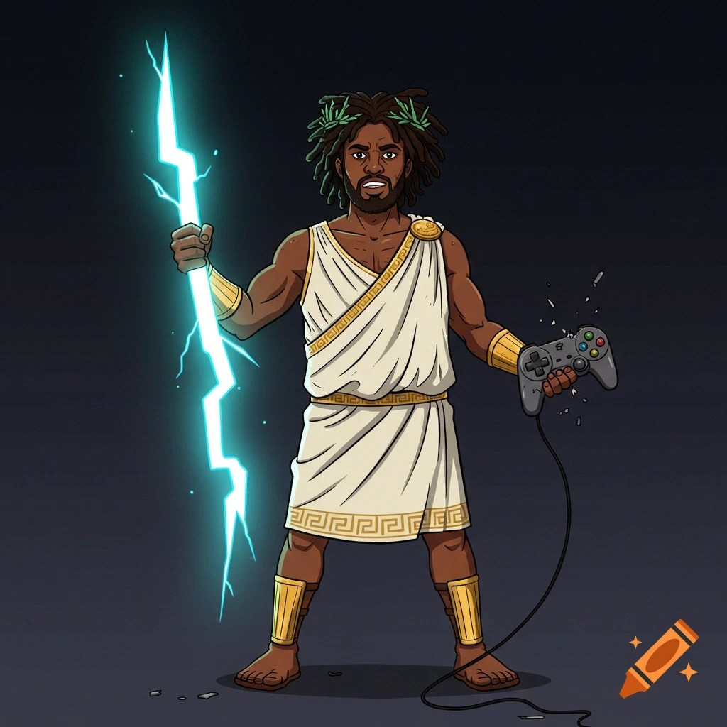 A black man with locs dressed as Zeus holds a glowing lightning bolt in one hand and a broken game controller in the other. Style: illustration.