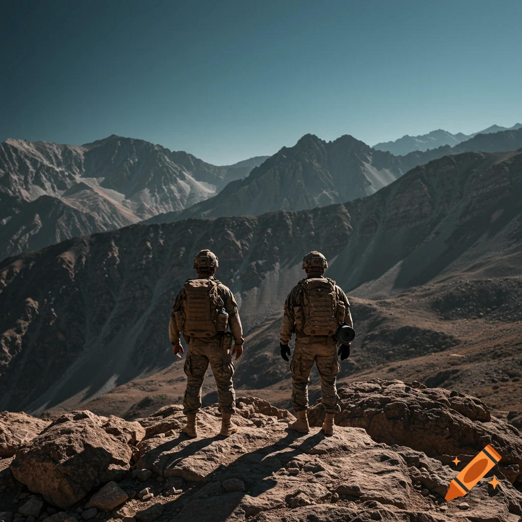 Two soldiers in tactical gear stand on a rocky peak, looking out at a vast, rugged mountain range.
