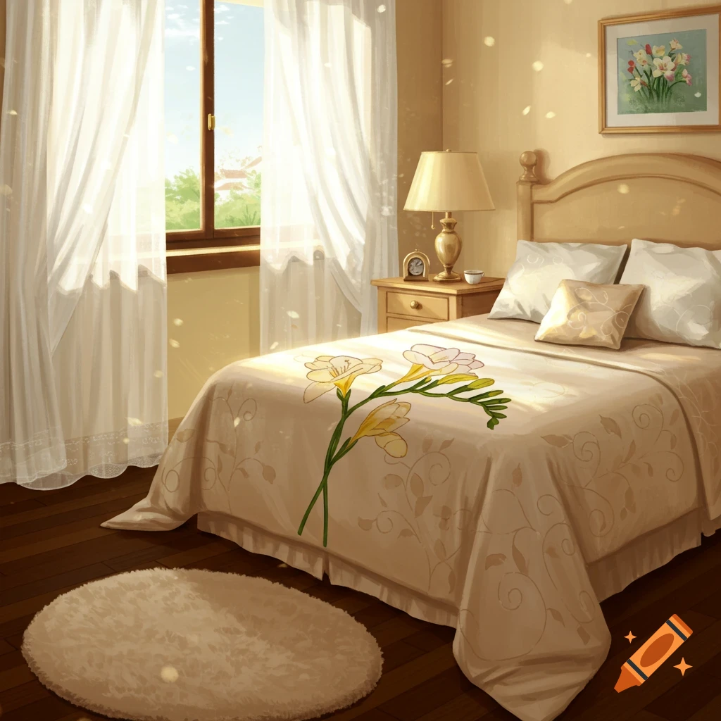 A sunlit bedroom interior with sheer white curtains, a bed with freesias on the duvet, a nightstand, and a rug.