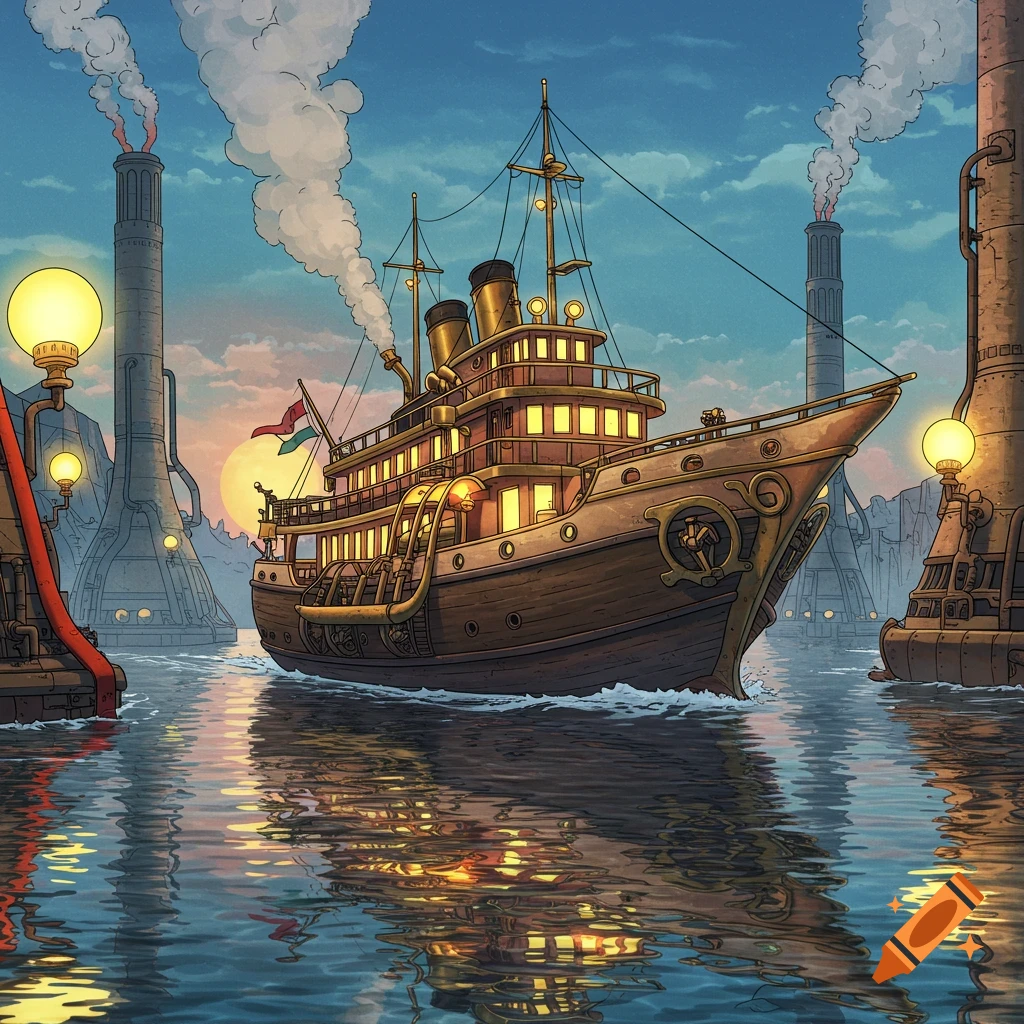 A steampunk ship sails on water past industrial structures.