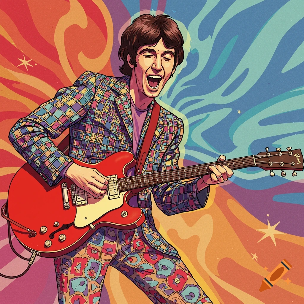 Illustration of a musician playing a red electric guitar in a psychedelic, colorful style