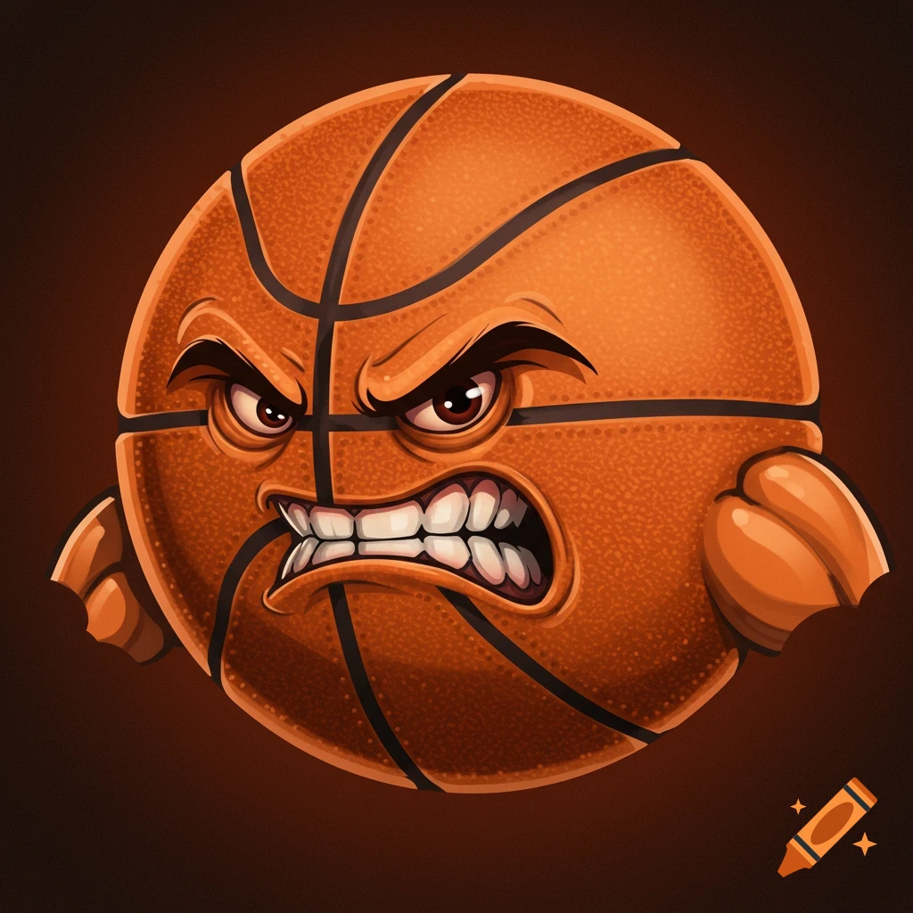 A mean, angry basketball cartoon character with arms.