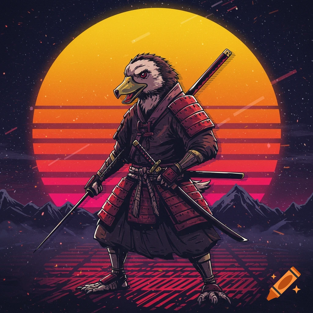 Samurai eagle creature with swords against a retro synthwave sunset backdrop.
