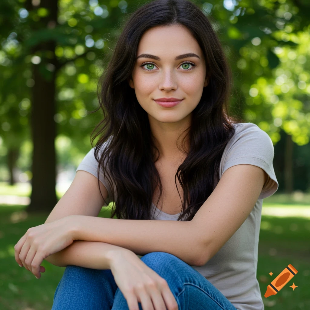 A woman with dark hair and green eyes sits in a park.