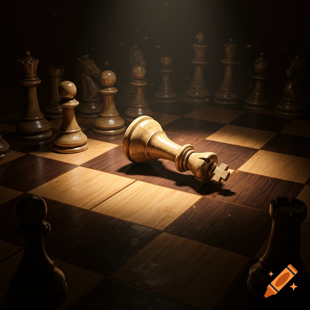 A chess board with a fallen king and other pieces, lit dramatically.