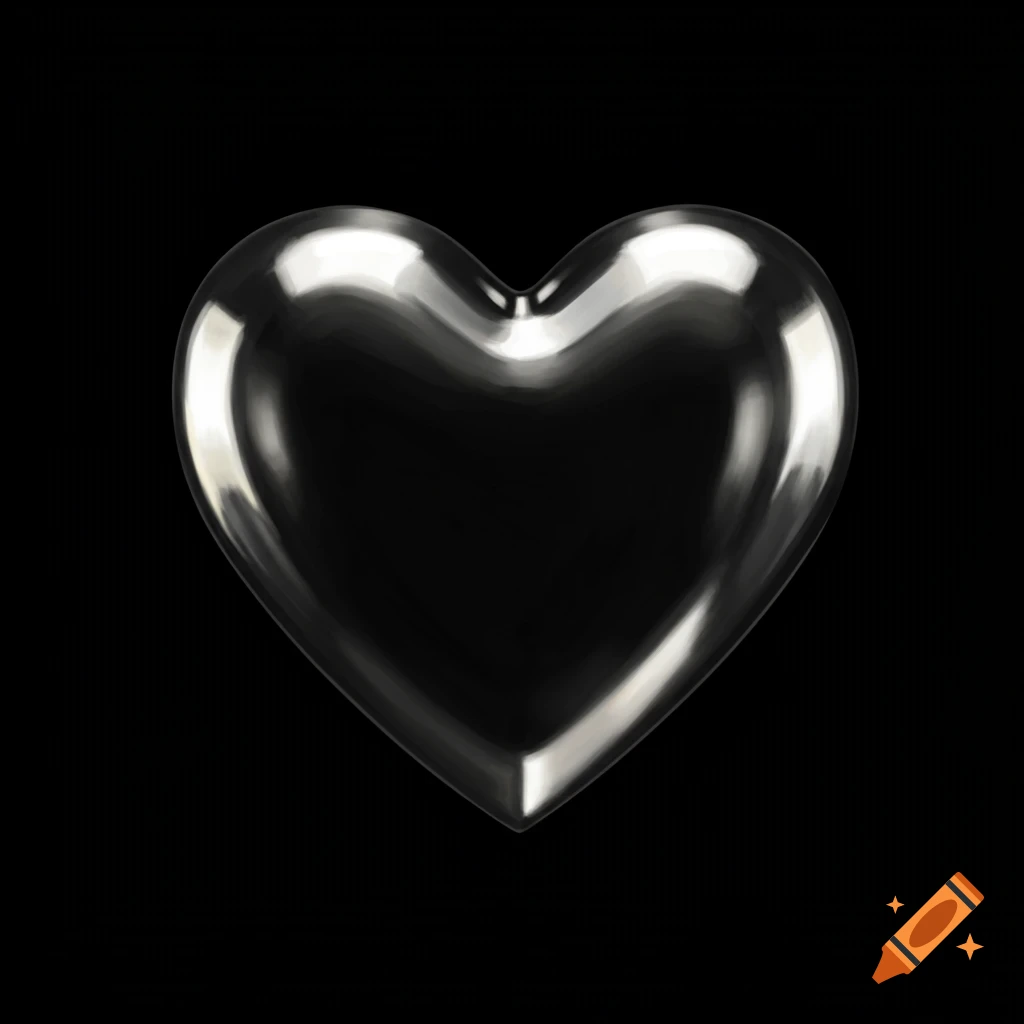 A chrome heart against a black background.